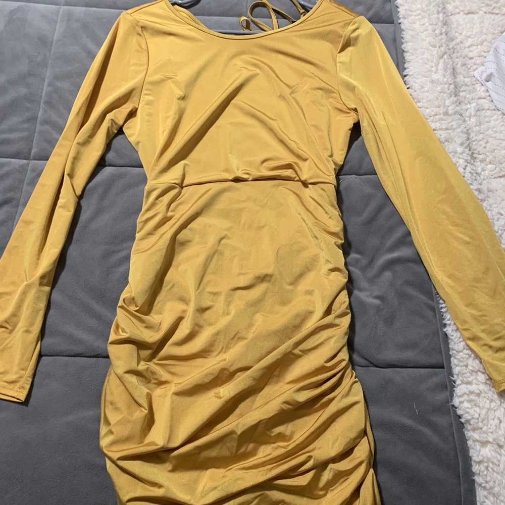 Gold Rutched mini open back dress